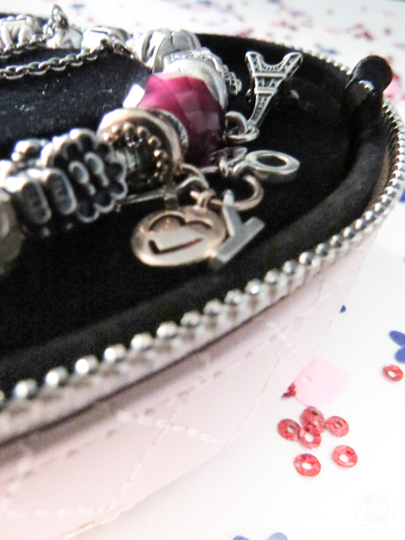 Close up of the anti-tarnish fabric inside this pandora jewelry box